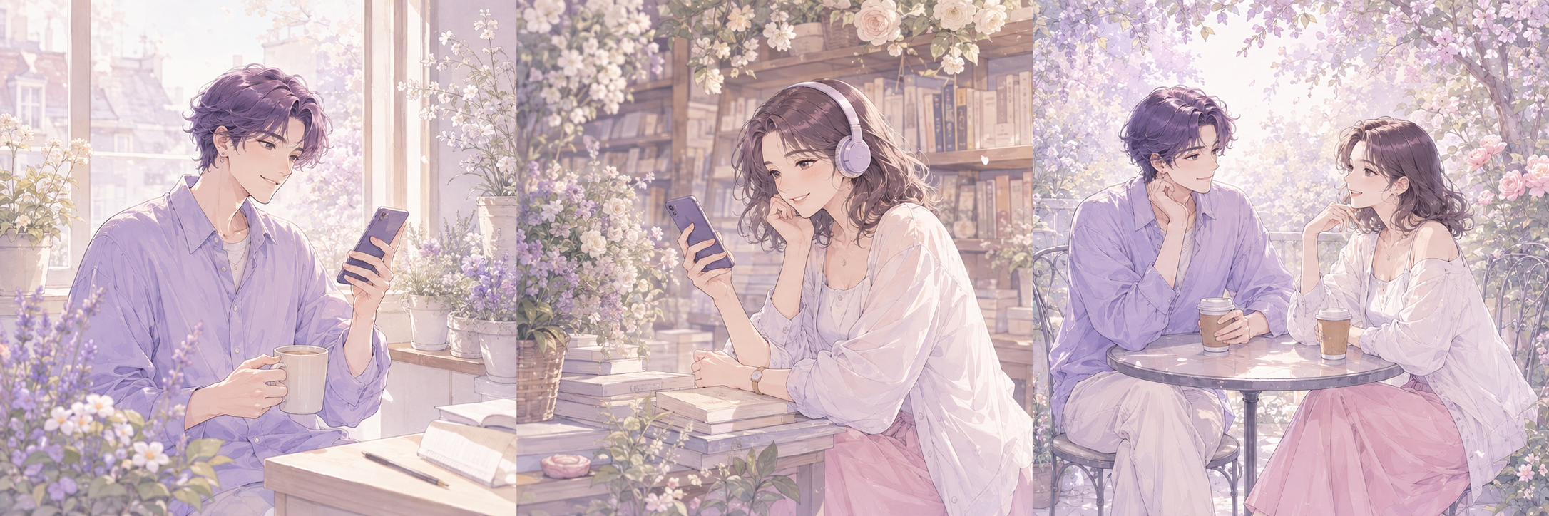 成年漫画角色在窗边喝咖啡，用手机发现感兴趣的人